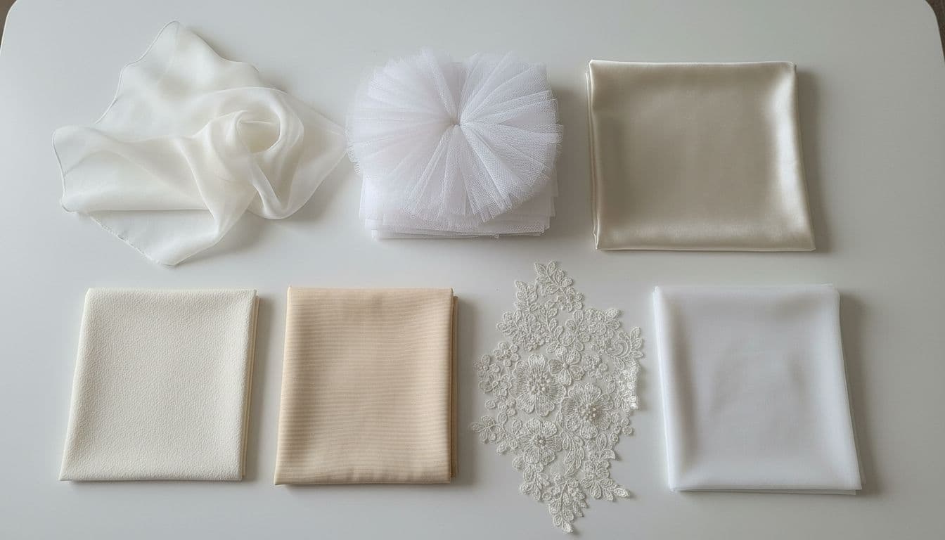 Close-up flat lay of seven wedding dress fabric swatches on a white table, featuring chiffon, tulle, satin, crepe, mikado, lace applique, and organza with high-detail textures under soft lighting.