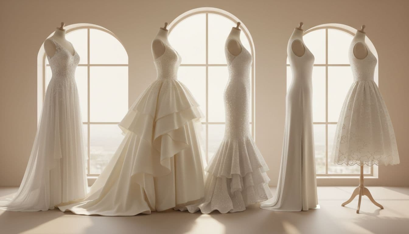 Six mannequins in a boutique display showcasing wedding dress silhouettes including A-line, ballgown, fit-and-flare, mermaid, sheath, and tea-length styles with side profiles, high-detail fabrics, and soft natural lighting on a neutral background.