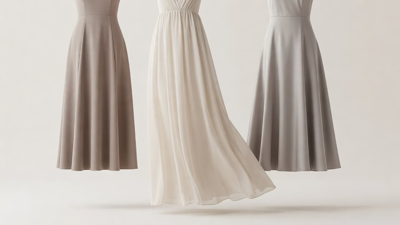 Three elegant dress silhouettes stand against a neutral studio backdrop, showcasing midi, maxi, and fit-and-flare styles. Soft lighting highlights the fabric textures and distinct shapes of these formal evening garments.