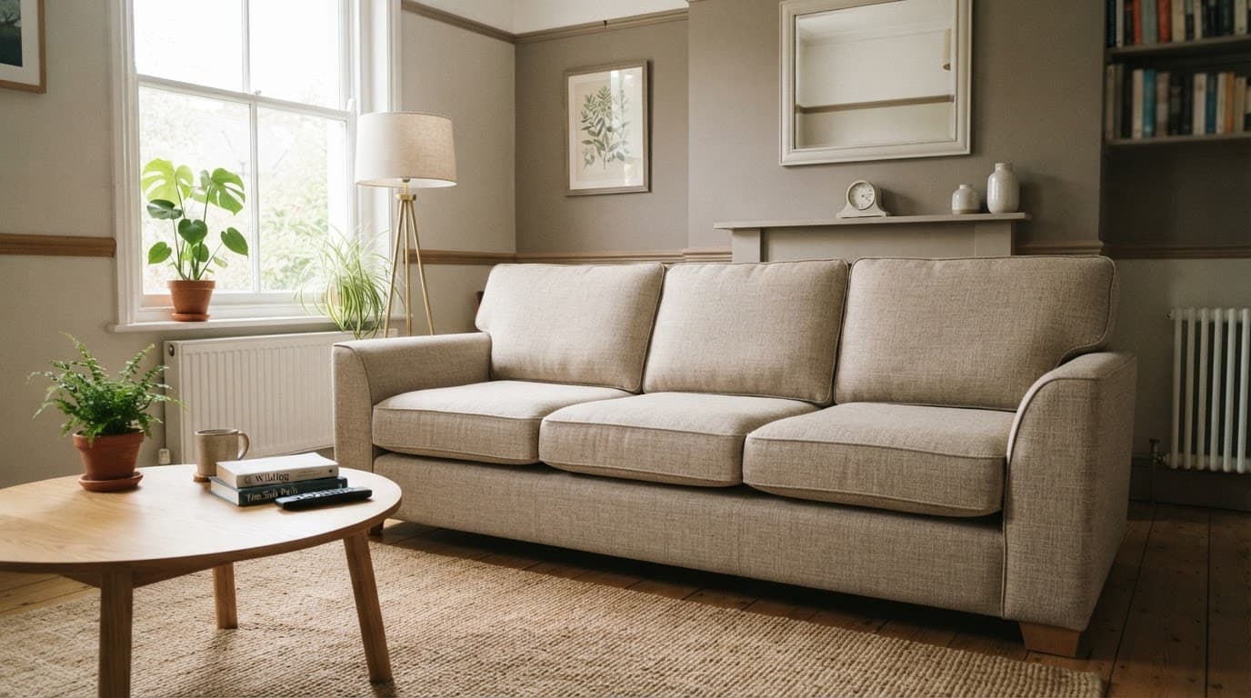 A tidy three-seater sofa beside a coffee table and floor lamp in a bright living room.