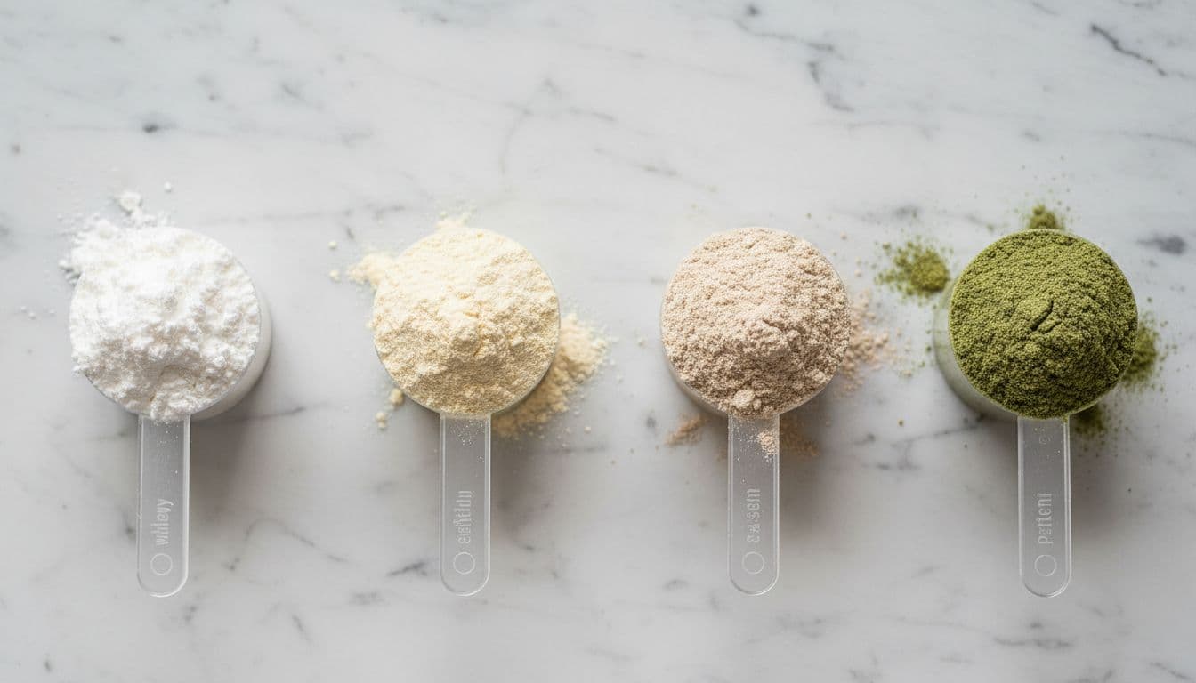 Close-up view of four protein powder scoops on a white marble surface: white whey concentrate, pale yellow whey isolate, thick beige casein, and green pea protein, arranged in a row with soft natural lighting.