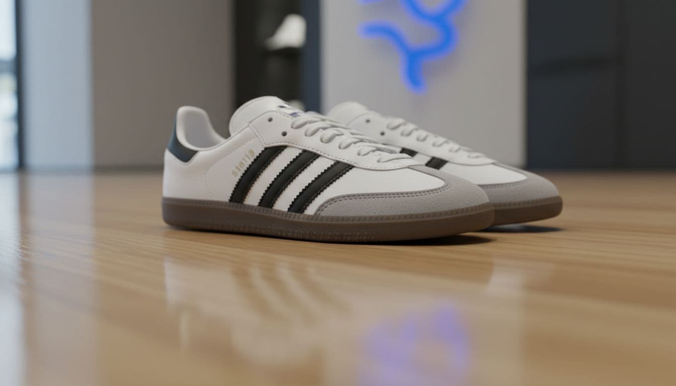 Classic pair of white Adidas Samba trainers with black three stripes and gum sole on a polished oak floor in a minimalist luxury boutique, low-angle close-up emphasizing T-toe suede panel and slim profile.