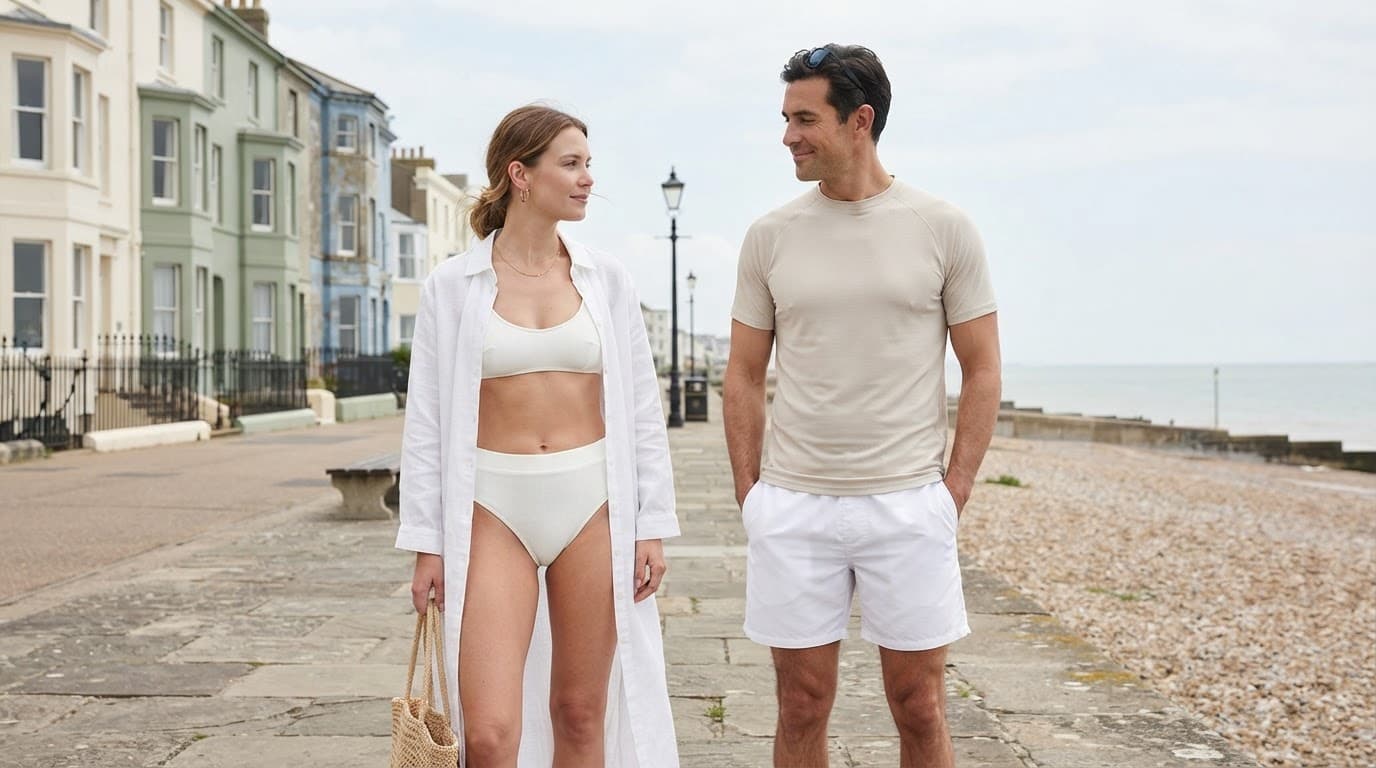Two adults in coordinated white resort outfits on a bright seaside promenade.