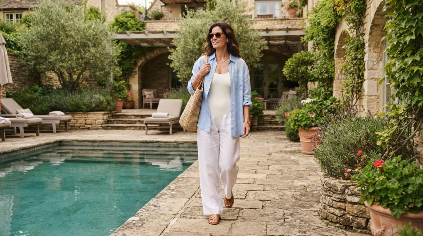Woman in a white swimsuit and open blue shirt walks beside a hotel pool.