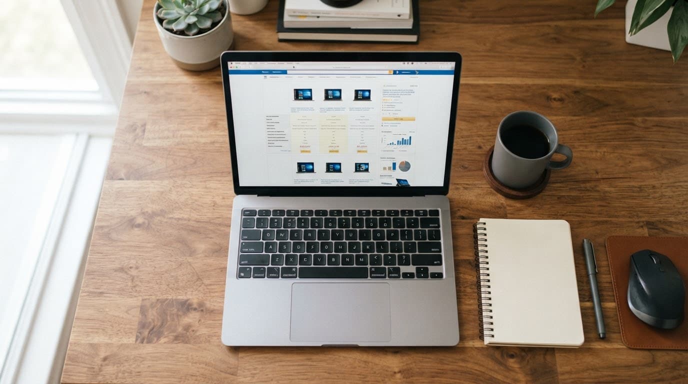 Open laptop, notebook, and coffee cup on a wooden desk.