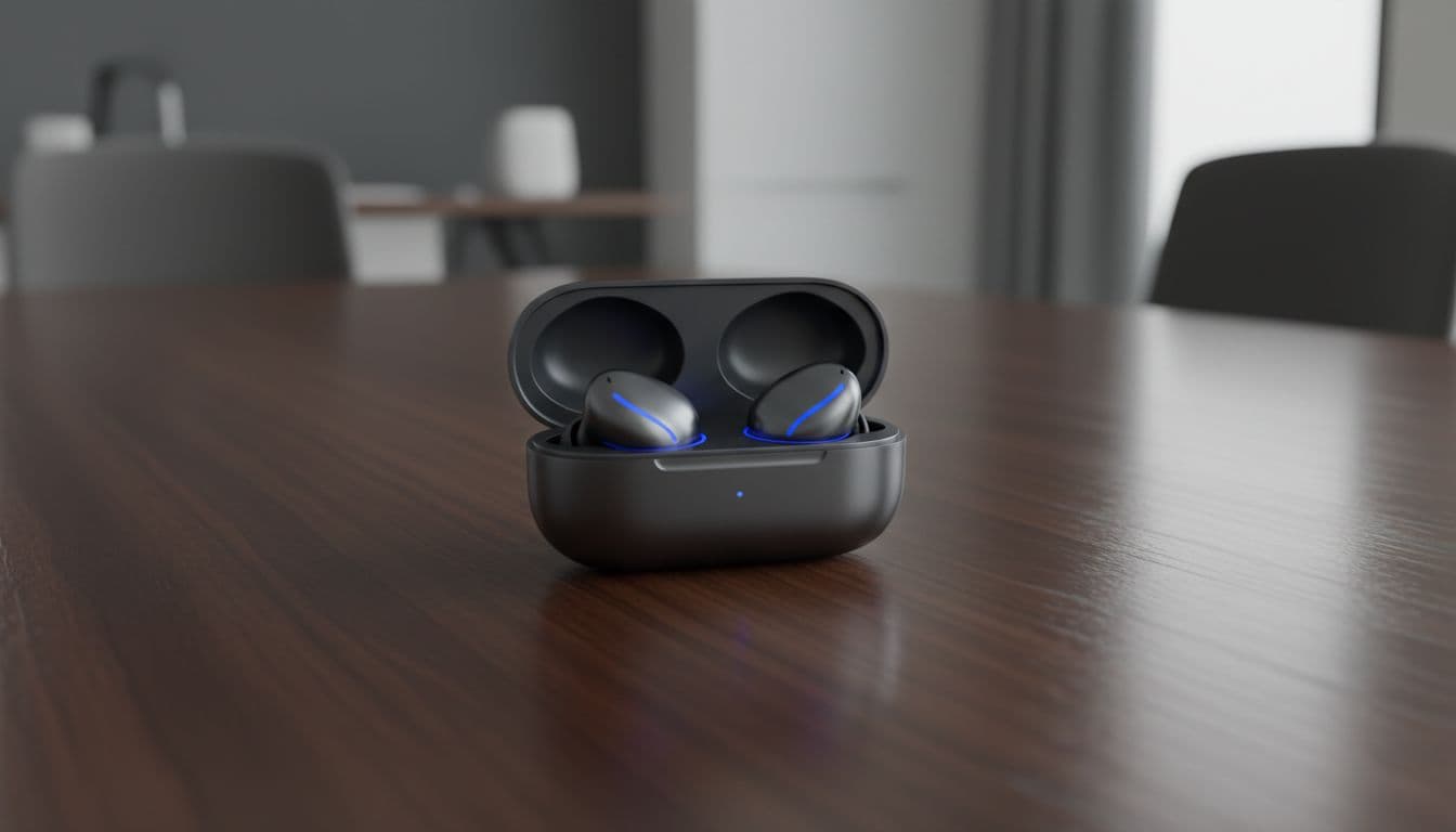 A pair of wireless earbuds rests inside an open charging case on a dark polished wooden table.