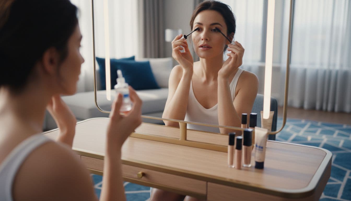 A woman with natural skin applies L'Oréal skincare serum to her face and mascara to her eyelashes while seated at an elegant vanity table in a modern bedroom bathed in soft morning light, with other L'Oréal products nearby.