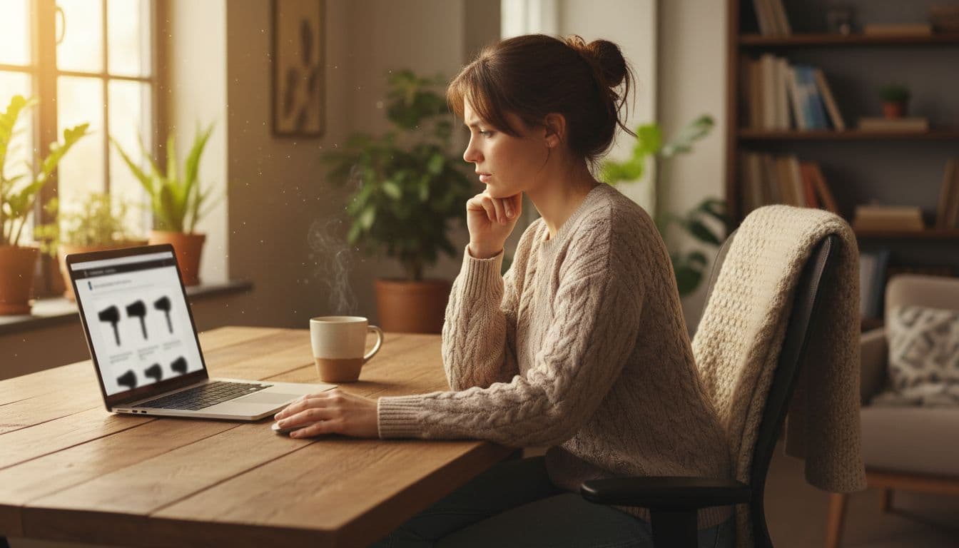 A thoughtful woman sits at a wooden desk in a cozy home office, comparing hairdryer options on her open laptop with a coffee mug nearby, bathed in warm natural indoor light.