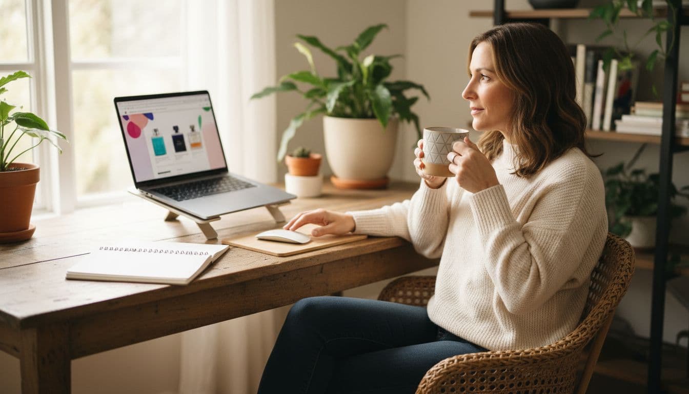 A relaxed woman in her thirties sits at a wooden desk in a bright home office, laptop angled showing perfume shopping with no text visible, coffee mug and notebook nearby, natural window light.