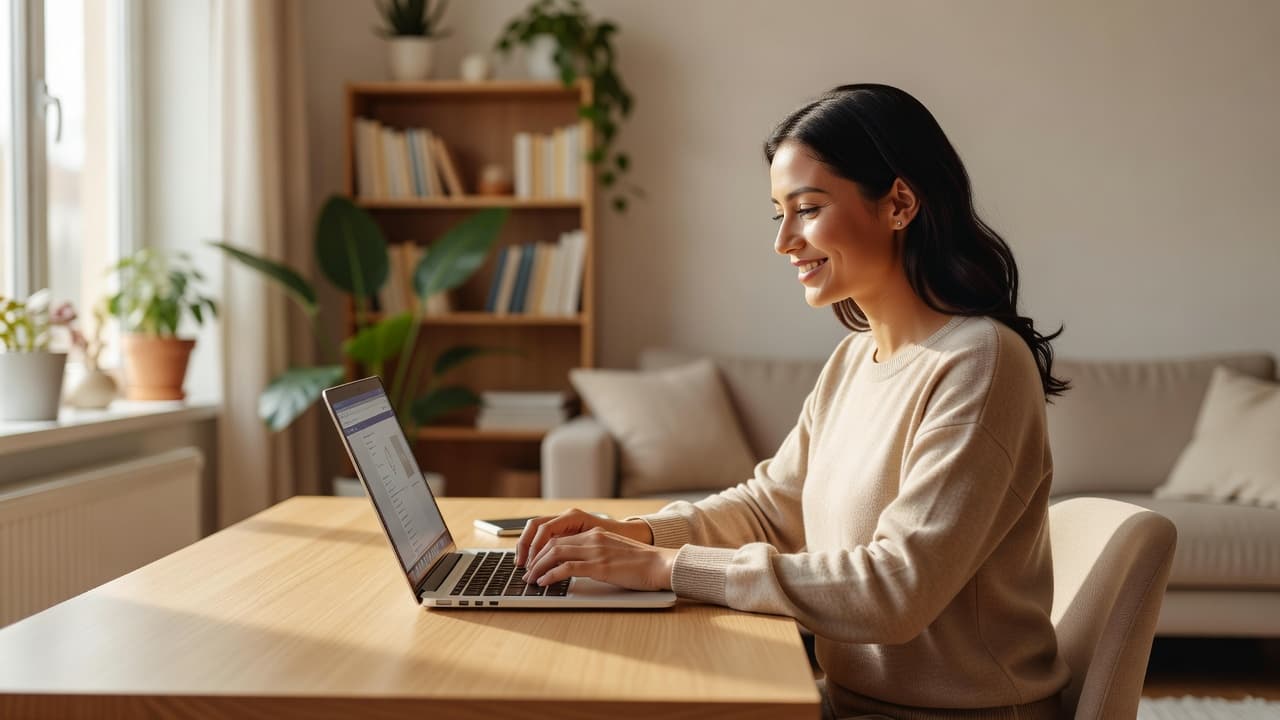 A woman sits at a tidy wooden desk focused on her laptop screen while browsing for luxury bracelets. Warm sunlight illuminates the cozy, professional home interior during her online shopping research.