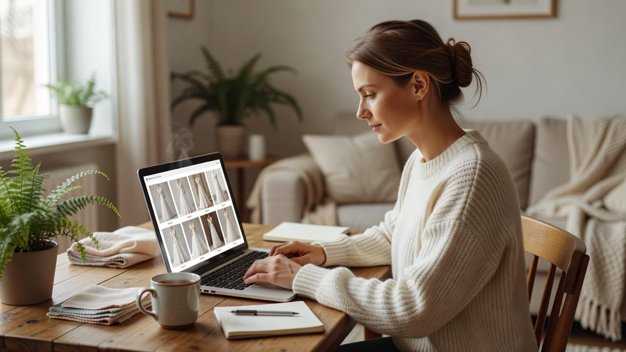 A woman sits at a wooden desk in a cozy sunlit room while looking at various bridal gown photos on her laptop screen. She leans forward with a thoughtful and focused expression.