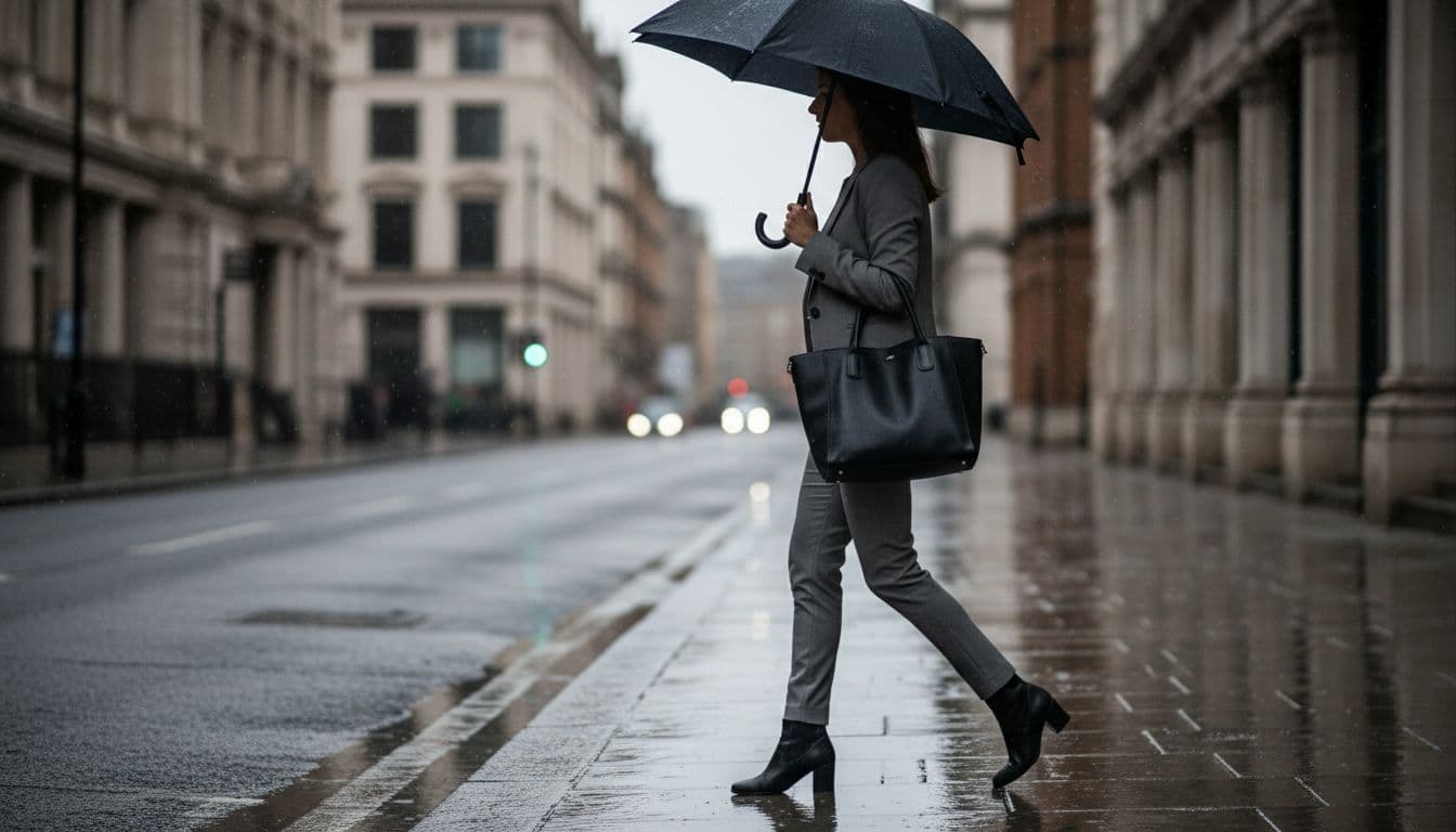 Woman in business attire carries black leather tote bag and umbrella on rainy city street with puddles.