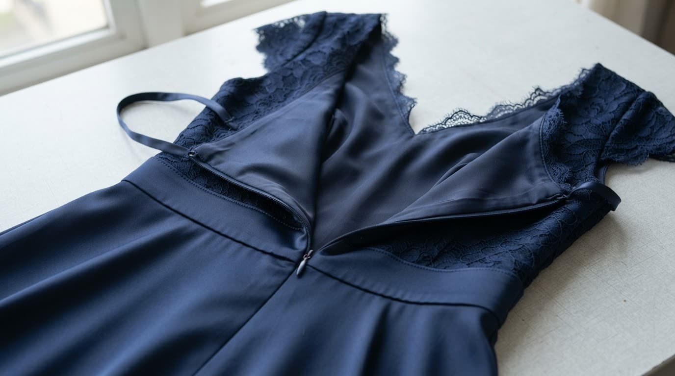 Occasion dress showing neat seams, lining, straps, lace trim, and a concealed zip.