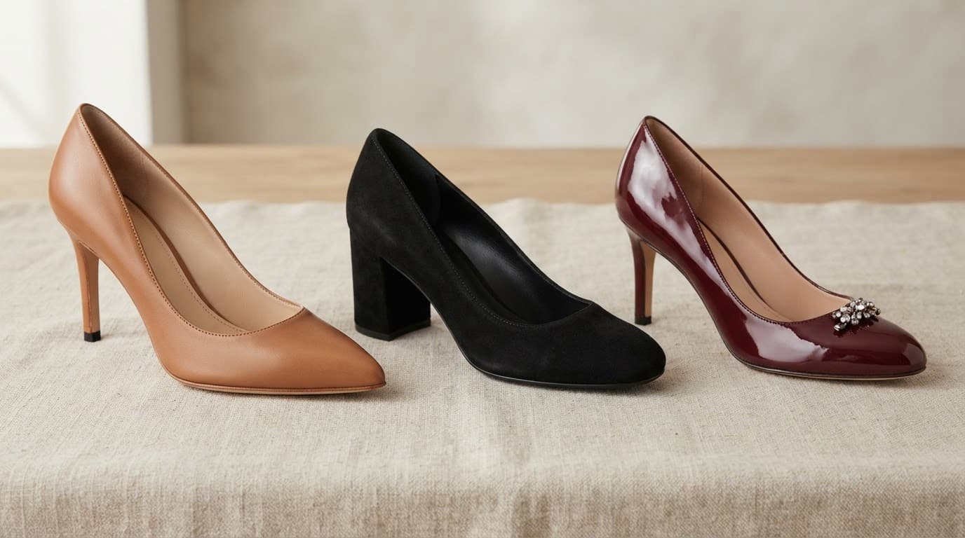 Three women's shoes showing different materials, toe shapes, and construction details.
