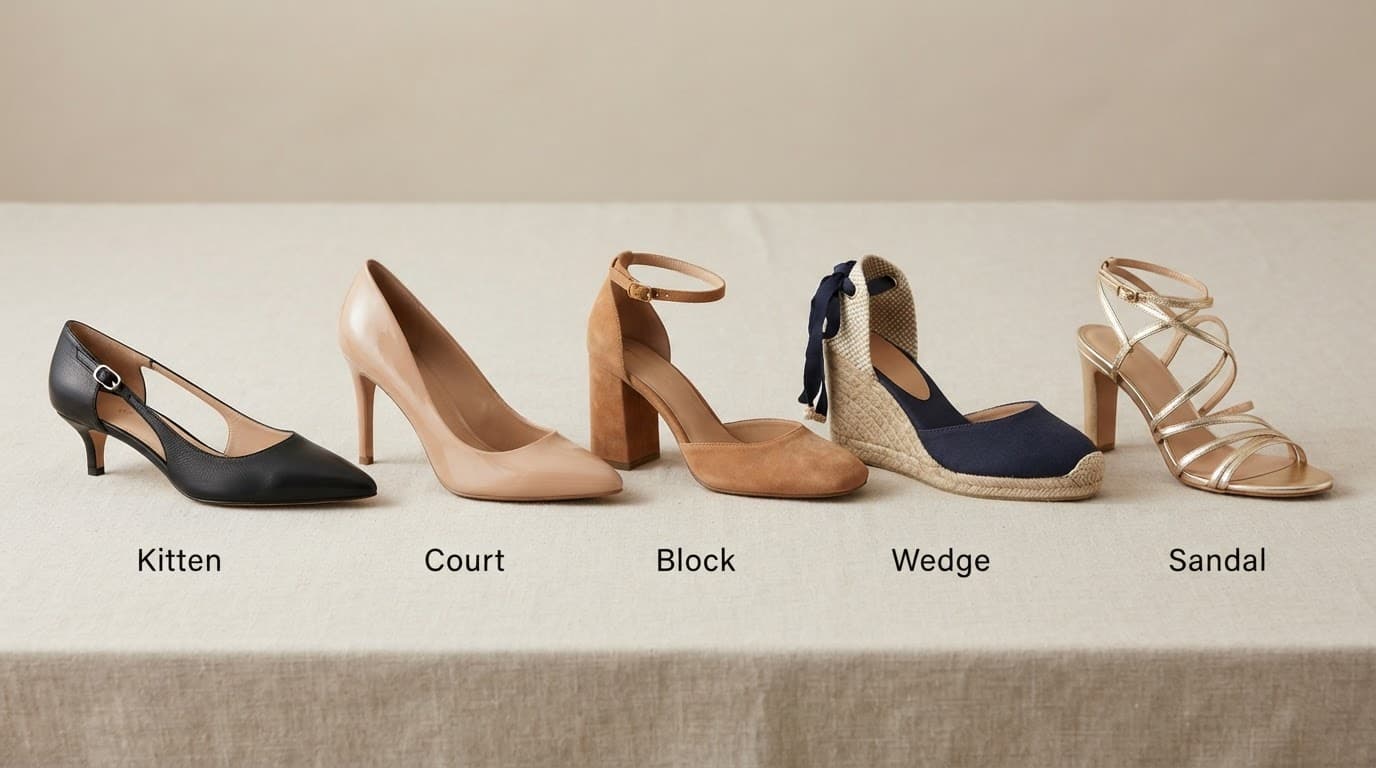 Five distinct women's heels displayed side by side on a neutral surface.