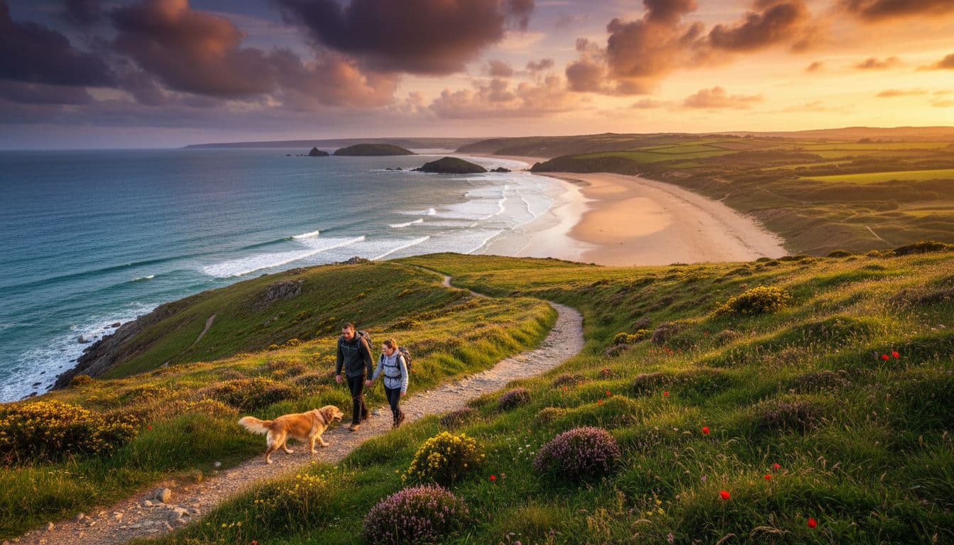 A scenic coastal path winds through cliffs above Woolacombe Bay in Devon, with a couple and dog hiking at sunset, overlooking sandy beach and Atlantic waves under dramatic skies.