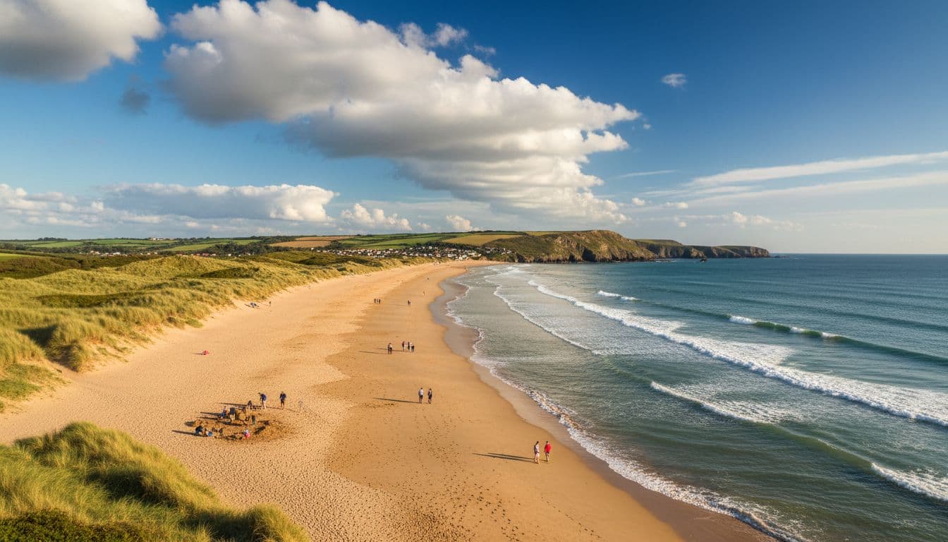 A sweeping view of Woolacombe Bay in Devon shows a long golden sandy beach curving along the North Devon coast with gentle waves, families building sandcastles, grassy dunes, and rugged cliffs under a bright summer sky.