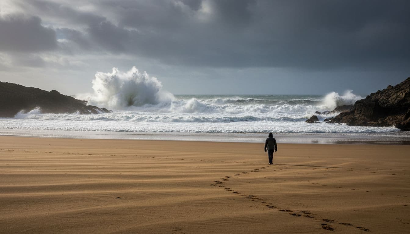 Powerful Atlantic waves crash against rocky edges at Woolacombe Bay under a stormy grey sky, with an empty sandy beach, wind-swept dunes, and a lone walker braving the path.