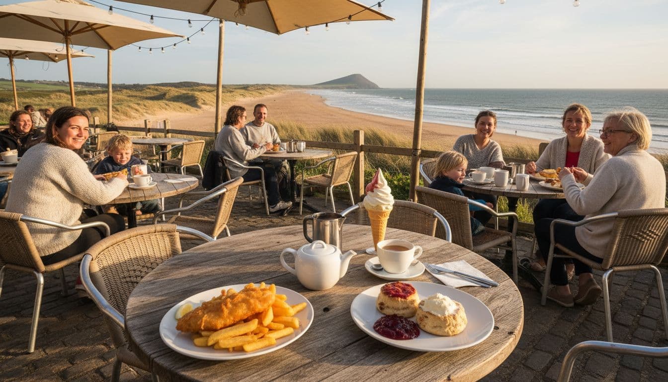 A cosy seaside cafe in Woolacombe village, Devon, with outdoor tables overlooking the beach, where people enjoy fish and chips, ice cream, and hot drinks on a breezy afternoon.
