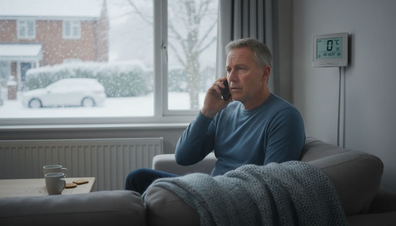 Realistic scene of a middle-aged UK homeowner in a cosy living room, looking worried at a thermostat showing no heat in winter while holding a phone, with snow falling outside.