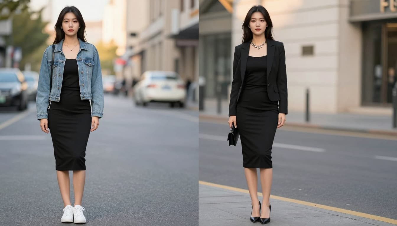 Black dress styled casual and dressy