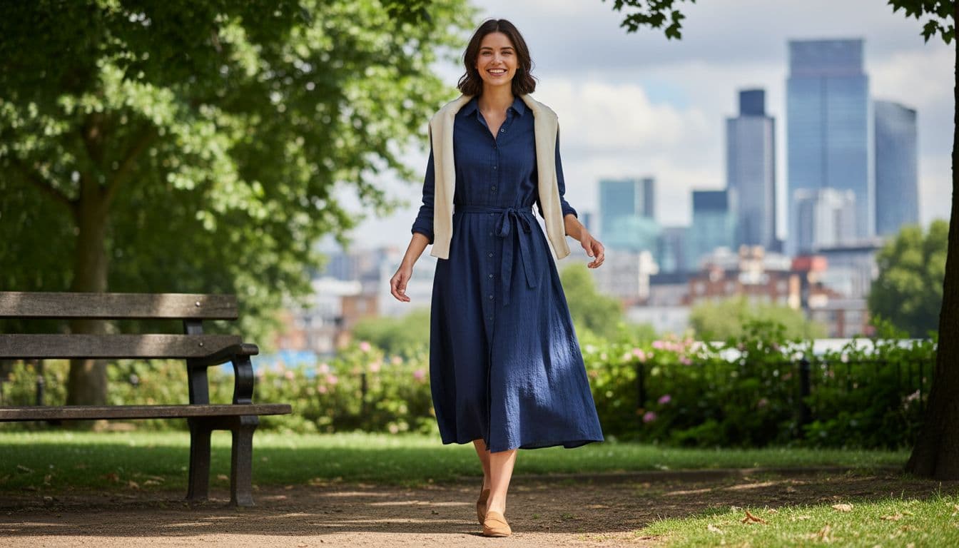 Young woman in a navy modest midi shirt dress walking through a London park