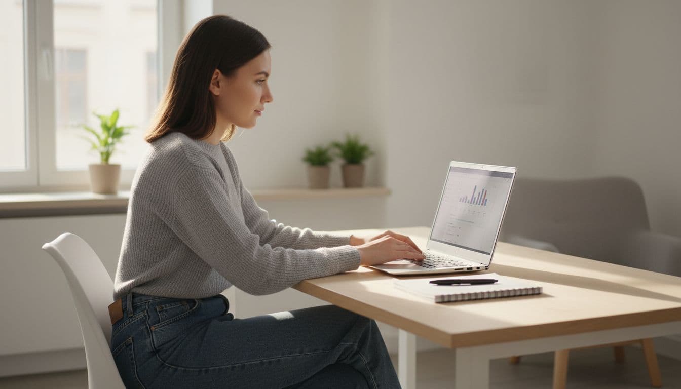 A young professional woman in casual clothes sits relaxed at a modern desk in a light-filled home office, typing on an open HP laptop with a blurred productivity app visible on screen. A notebook and pen sit beside her under soft window light.