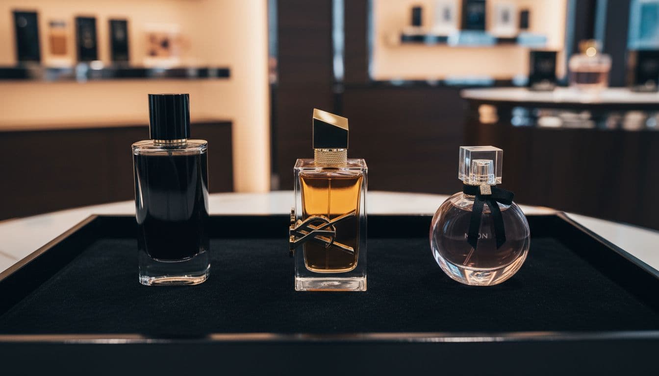 Three YSL bottles including Libre on black velvet tray in boutique with warm spotlights and blue reflections.