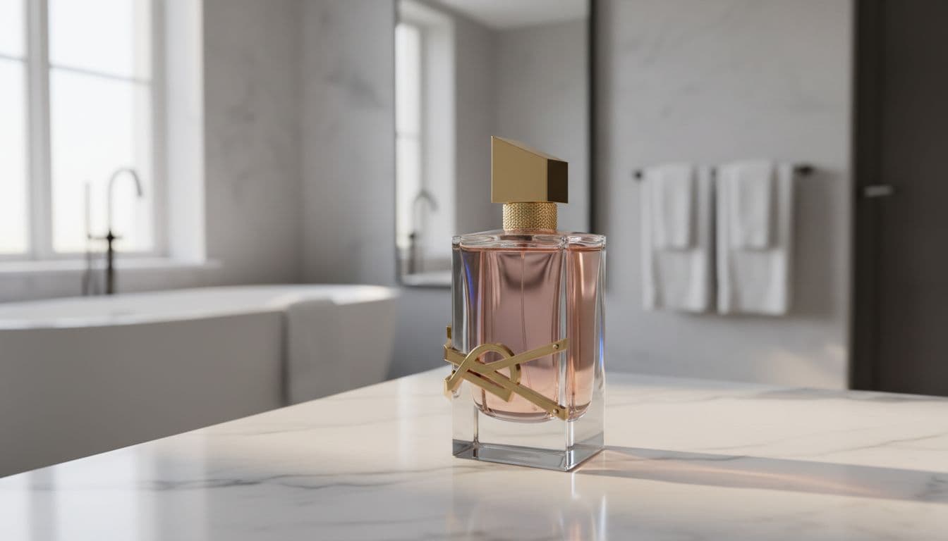 YSL Libre perfume bottle centered on marble surface in luxurious bathroom with soft window light.