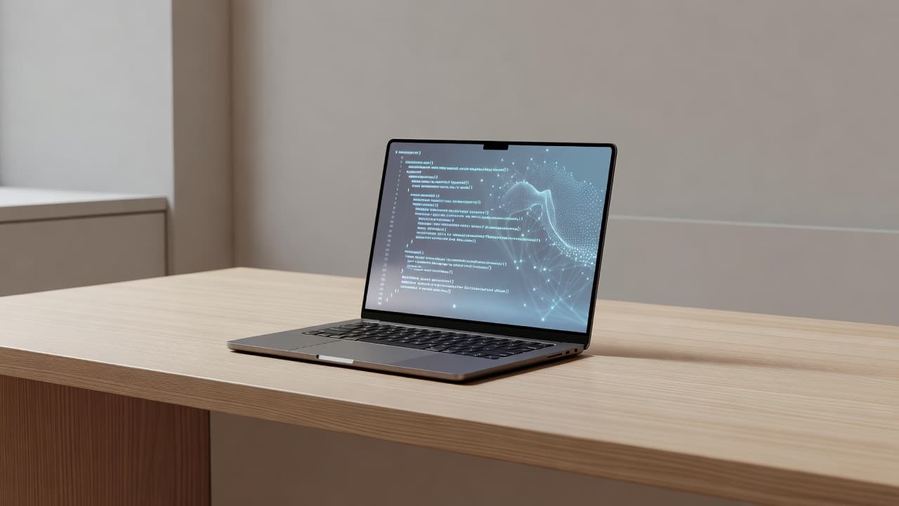 A high-end metallic laptop sits centered on a smooth wooden desk bathed in soft ambient light. The clean surface is entirely free of clutter, creating a focused professional development environment.