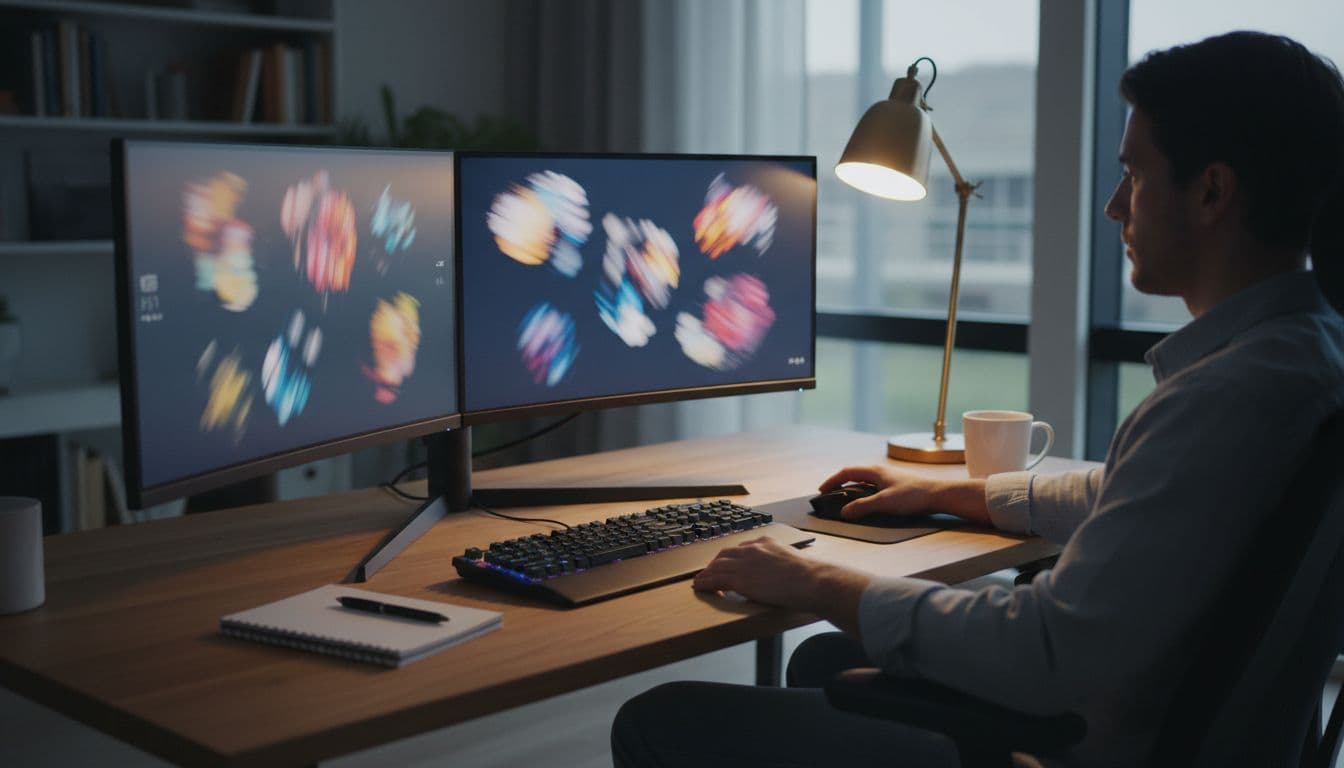 Realistic side-angle photo of a modern home office setup for AI art generation, with dual monitors showing blurred abstract colorful previews, mechanical keyboard, mouse, notepad, coffee mug on wooden desk, one person seated facing screens with relaxed hands, warm desk lamp lighting, high detail.