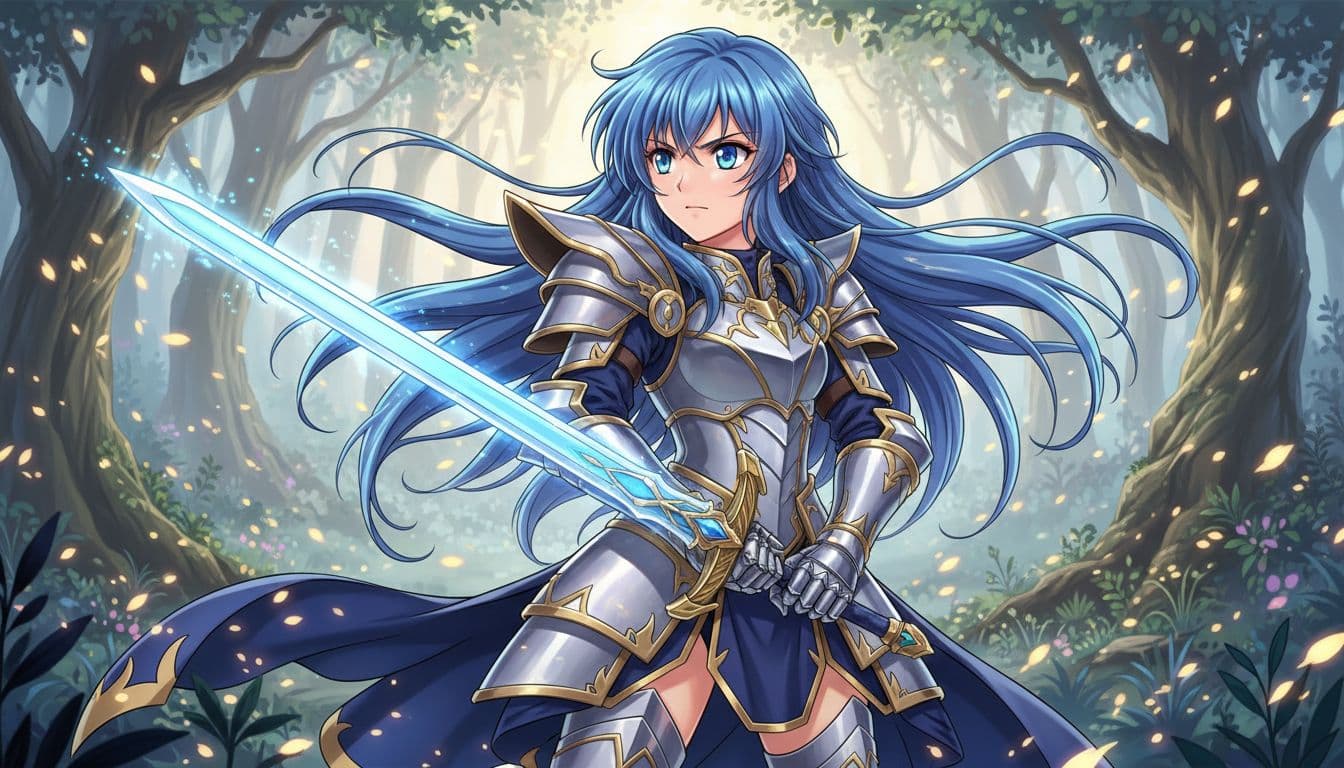 Vibrant anime-style illustration of a young female warrior with large expressive eyes, flowing blue hair, detailed armor and sword, standing in a misty forest with glowing particles.