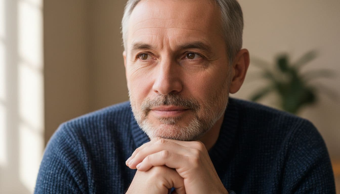 Highly detailed photorealistic close-up bust portrait of a middle-aged man with realistic skin texture, subtle pores, natural window lighting, sharp eyes, and relaxed hands on a neutral background.