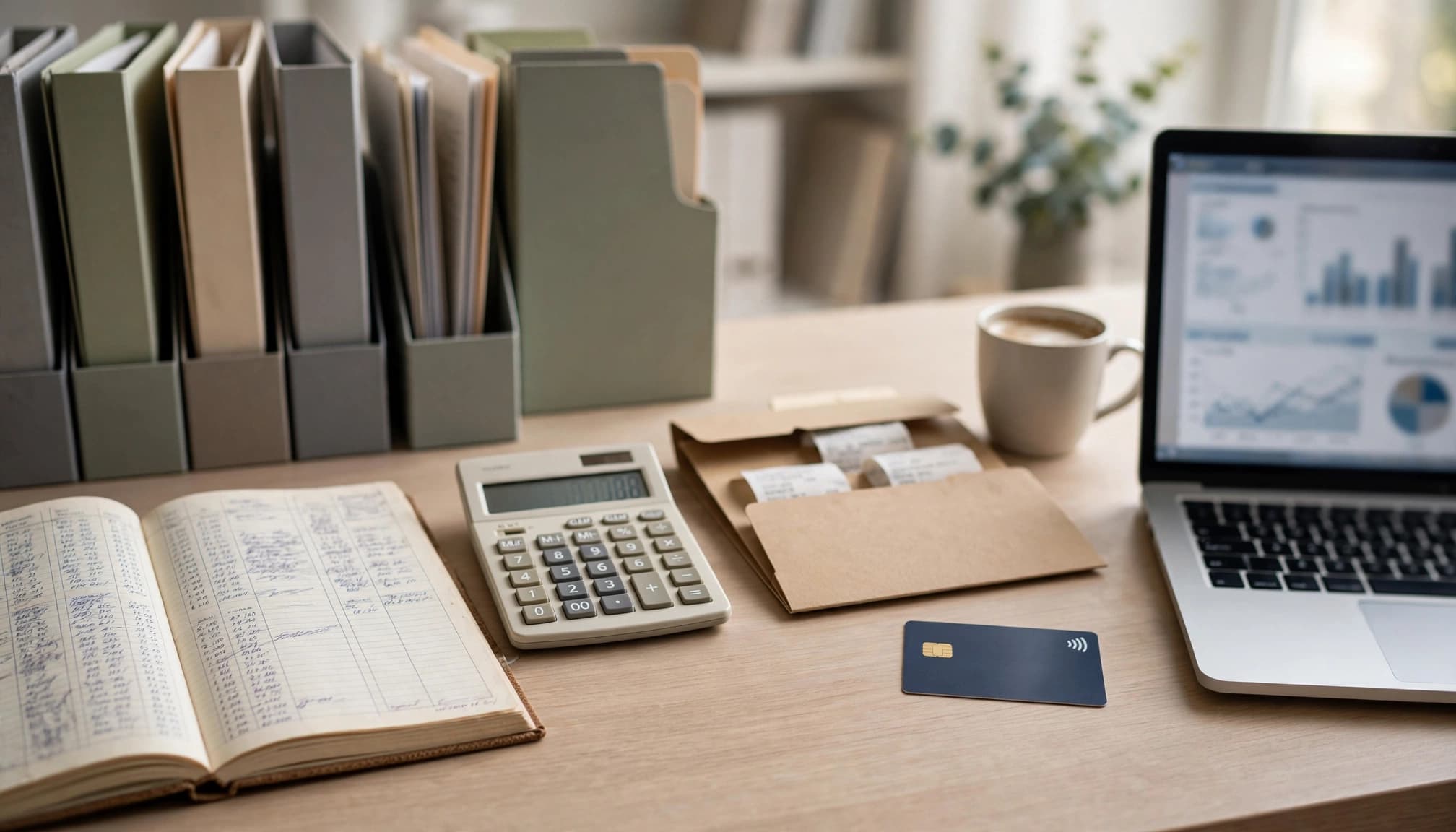 Desk arranged with a ledger, calculator, receipts, debit card, and laptop for bookkeeping.