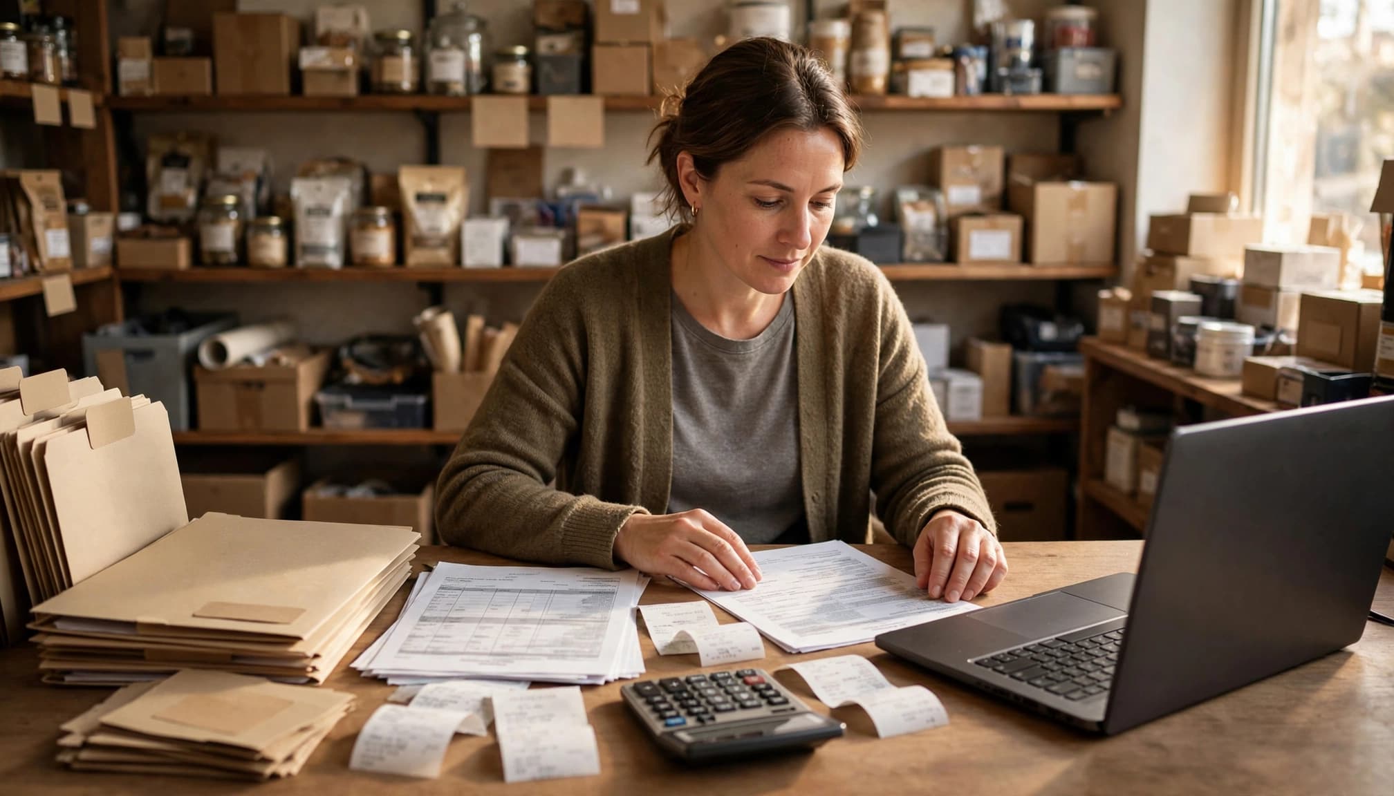 Shop owner reviewing receipts, folders, and a calculator at a back-office table.