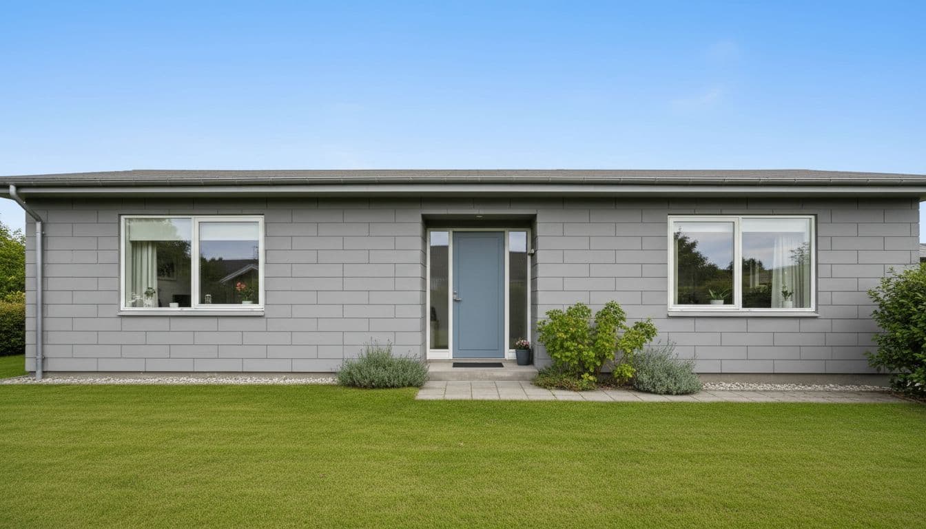 Fotorealistisk illustration af en velholdt dansk villa fra 1970'erne med intakte grå eternit facadeplader på en solrig dag med blå himmel og grønt græs. Solid facade i nordiske farver uden skader, perfekt som stockfoto til boligguider.