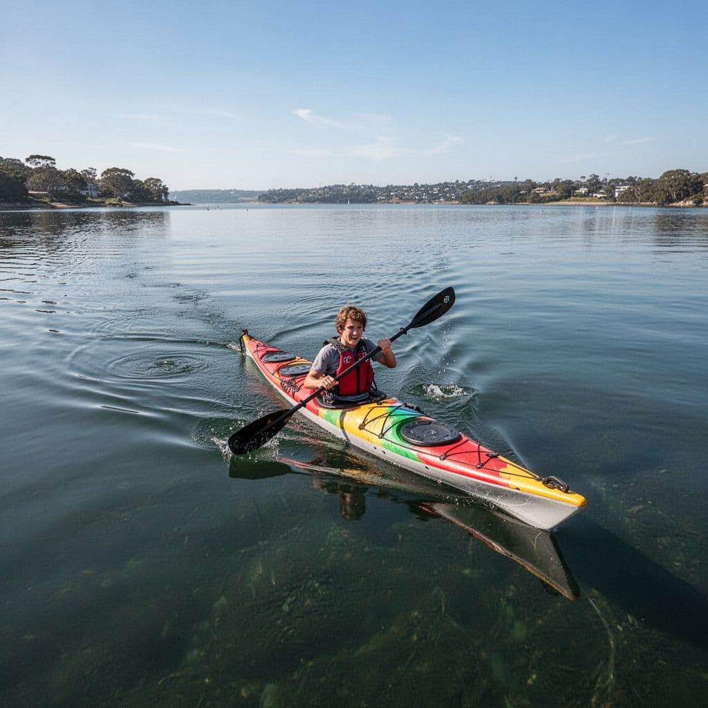 A person paddles a colorful kayak across calm, clear water under a bright sunny sky.