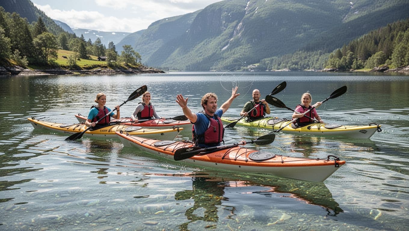 Small group of 4 beginners in sea kayaks on a calm fjord like Roskilde Fjord, with instructor in front pointing to technique on a sunny day, realistic photo, landscape side view.