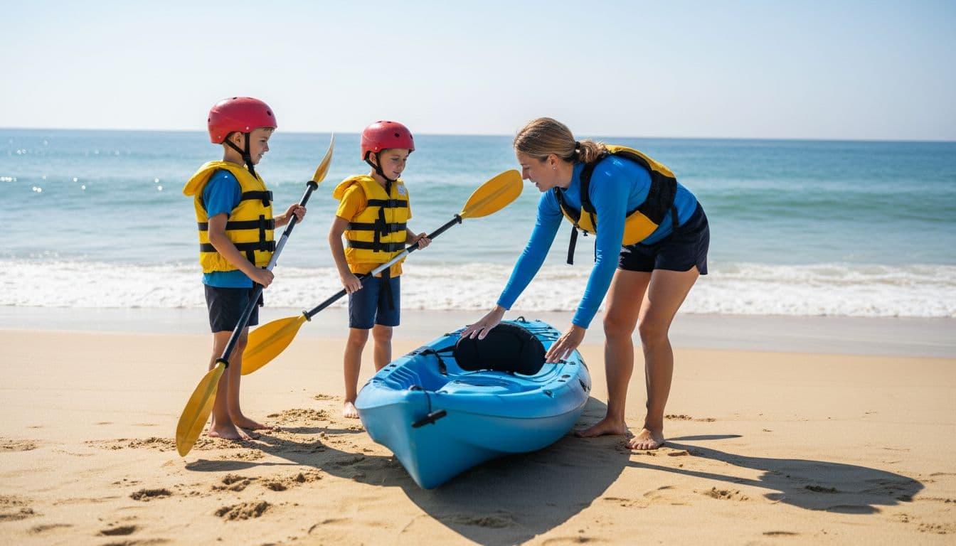 Two children aged 7-9 stand on a sandy beach beside a sit-on-top kayak, wearing yellow life vests and helmets while holding small paddles, as an adult instructor points to the equipment and explains safety procedures on a sunny day with calm sea in the background.