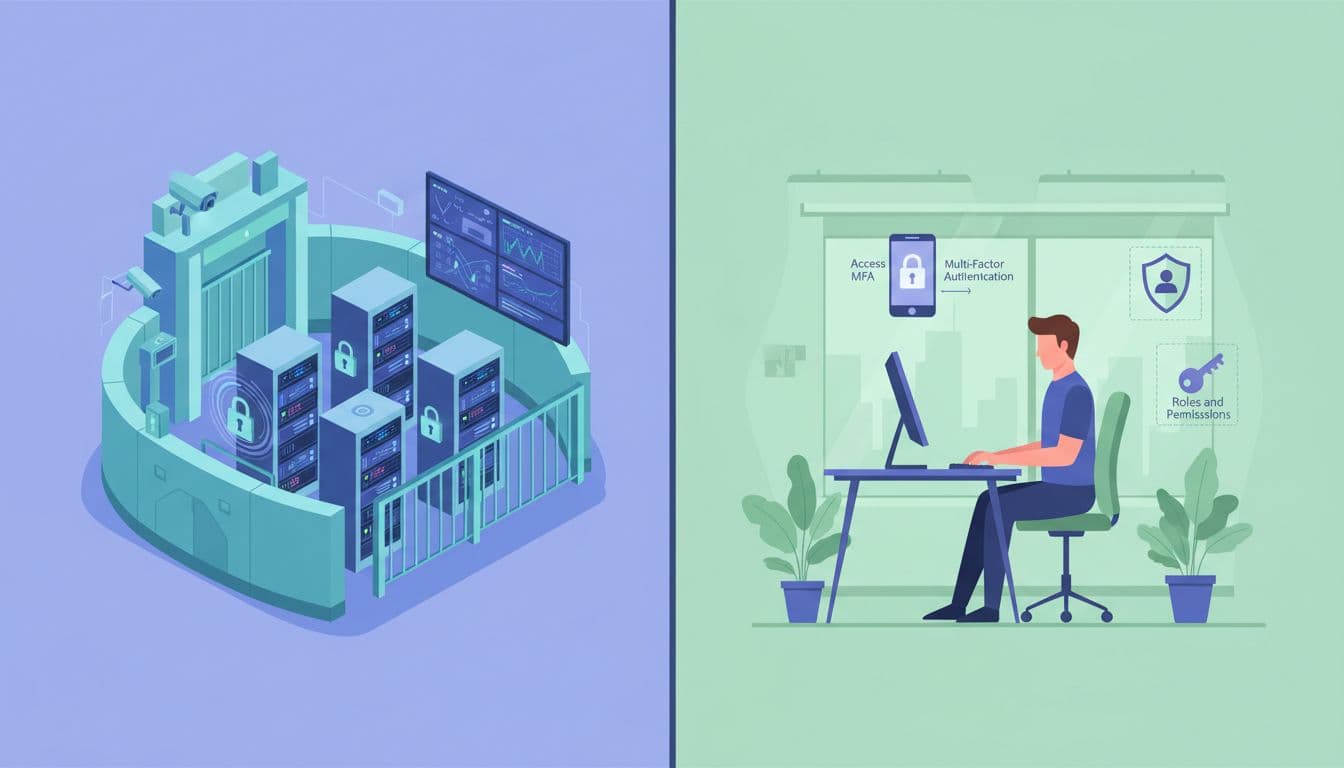 Professional split-image illustration: left half depicts cloud provider's secure data center with servers, locks, and surveillance; right half shows company office with employee at computer and access control icons like MFA and roles. Blue and green tones emphasize the shared responsibility model in cloud computing.