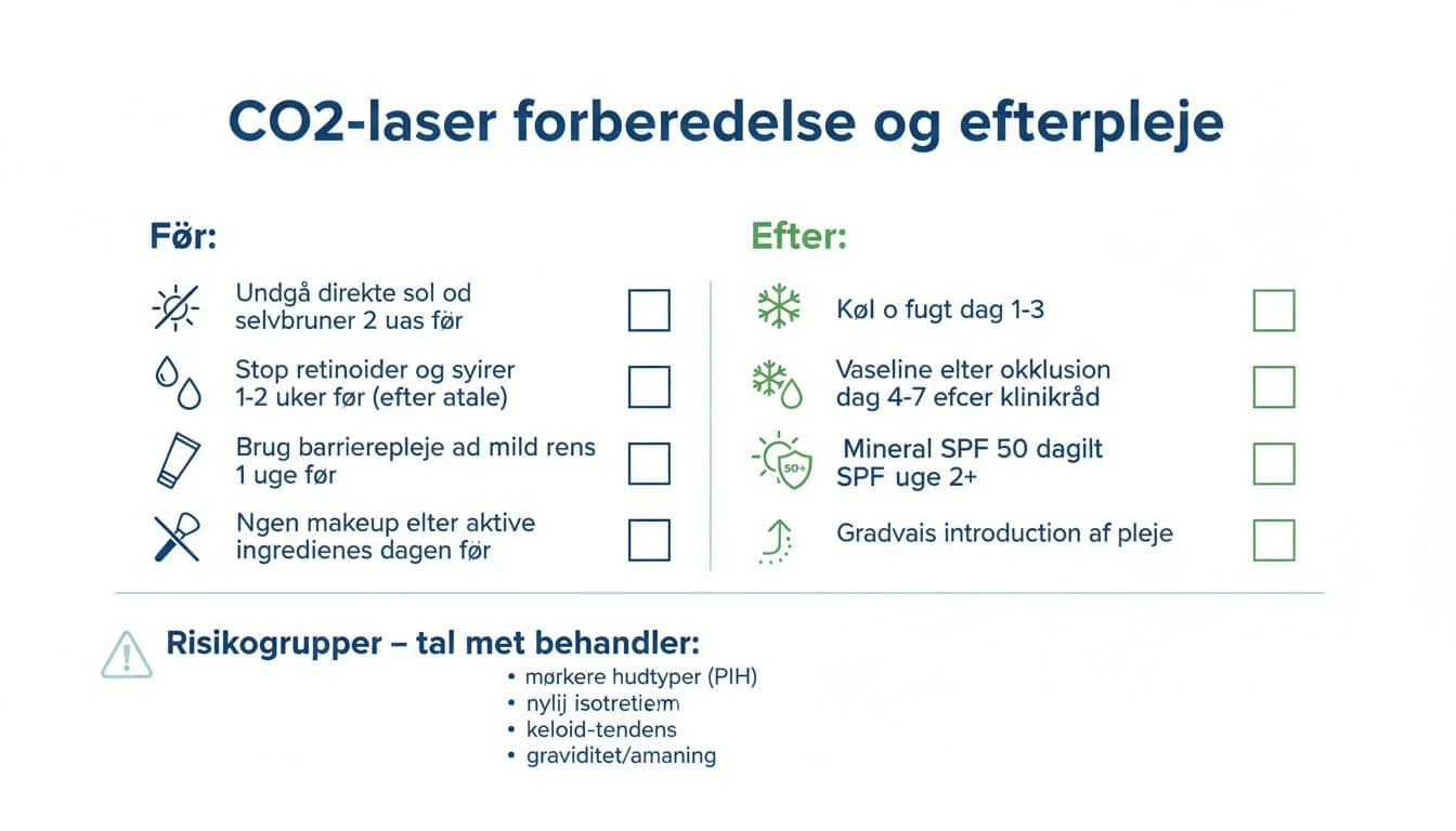 Clean, minimalist printable infographic checklist for CO2 laser treatment preparation and aftercare, with simple icons, checkboxes, and risk group warnings in Scandinavian style.