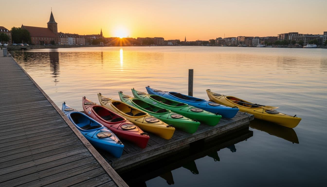 A row of colorful stable kayaks lined up on a dock at Roskilde Harbor during golden hour, with calm water reflecting warm lights and one kayak ready with paddle inside. Wide landscape view in realistic photo style, no people, no text or logos.