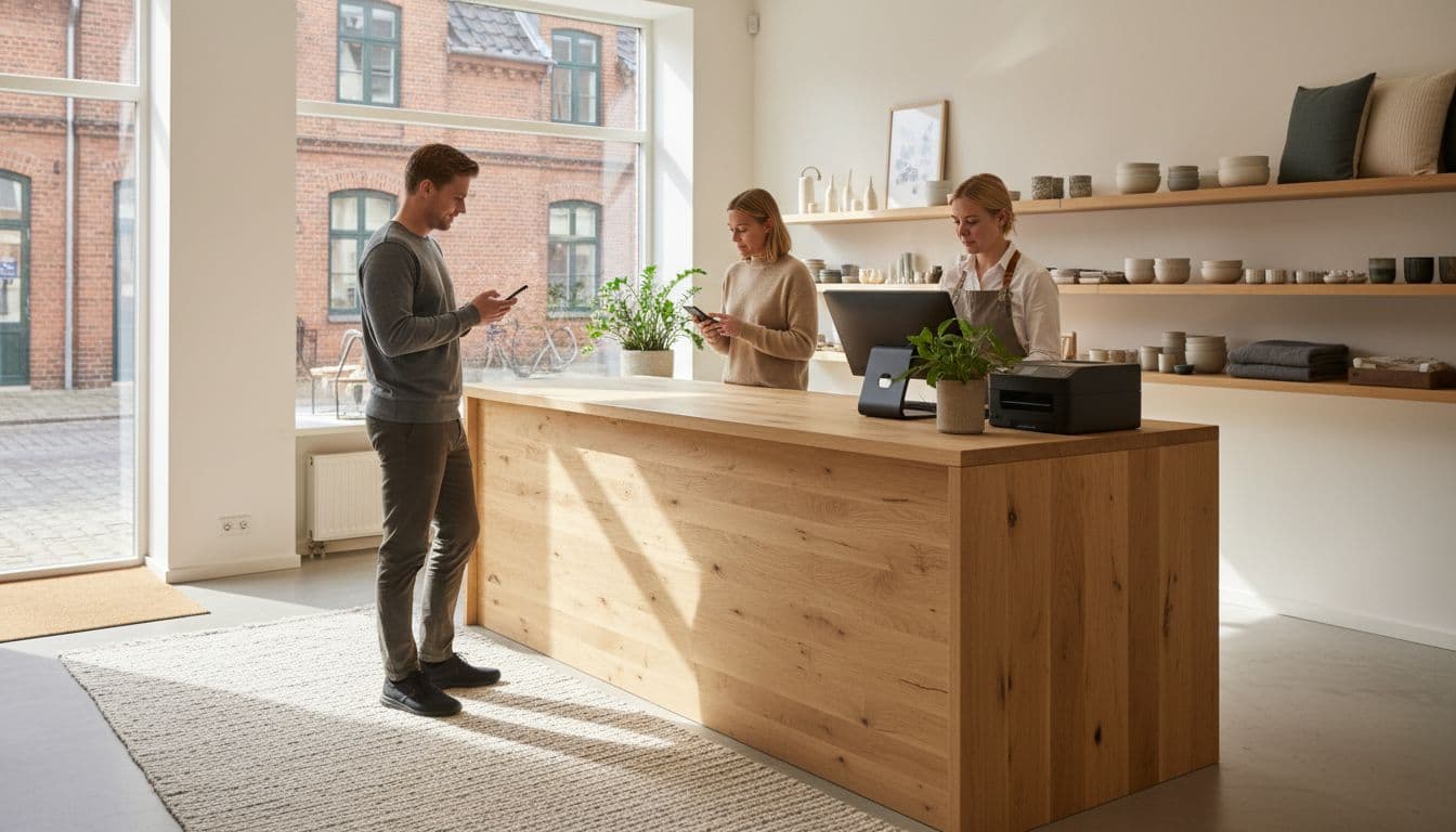 Cozy Danish store reception area with wooden counter, two guests using smartphones on guest WiFi, and one employee working on POS terminal and printer under warm natural daylight.
