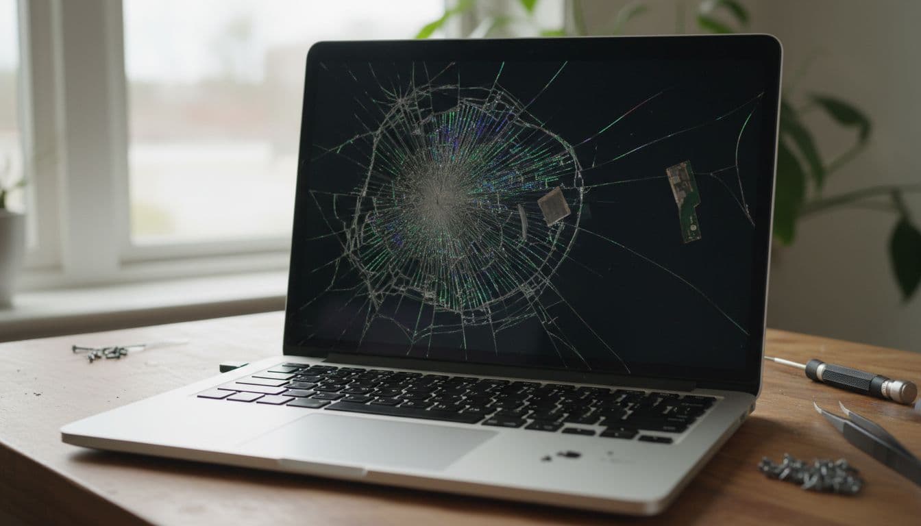 En MacBook Pro laptop på et arbejdsbord med en revnet skærm, der viser typisk hardware skade. Tæt på i naturligt lys fra vindue, realistisk foto uden personer, tekst eller logoer.
