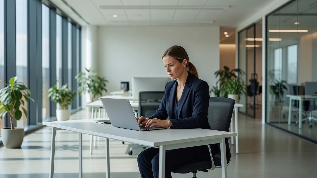 A professional employee sits at a brightly lit modern desk, carefully reviewing security protocols on a sleek laptop screen. The minimalist office environment promotes deep concentration and digital safety awareness.
