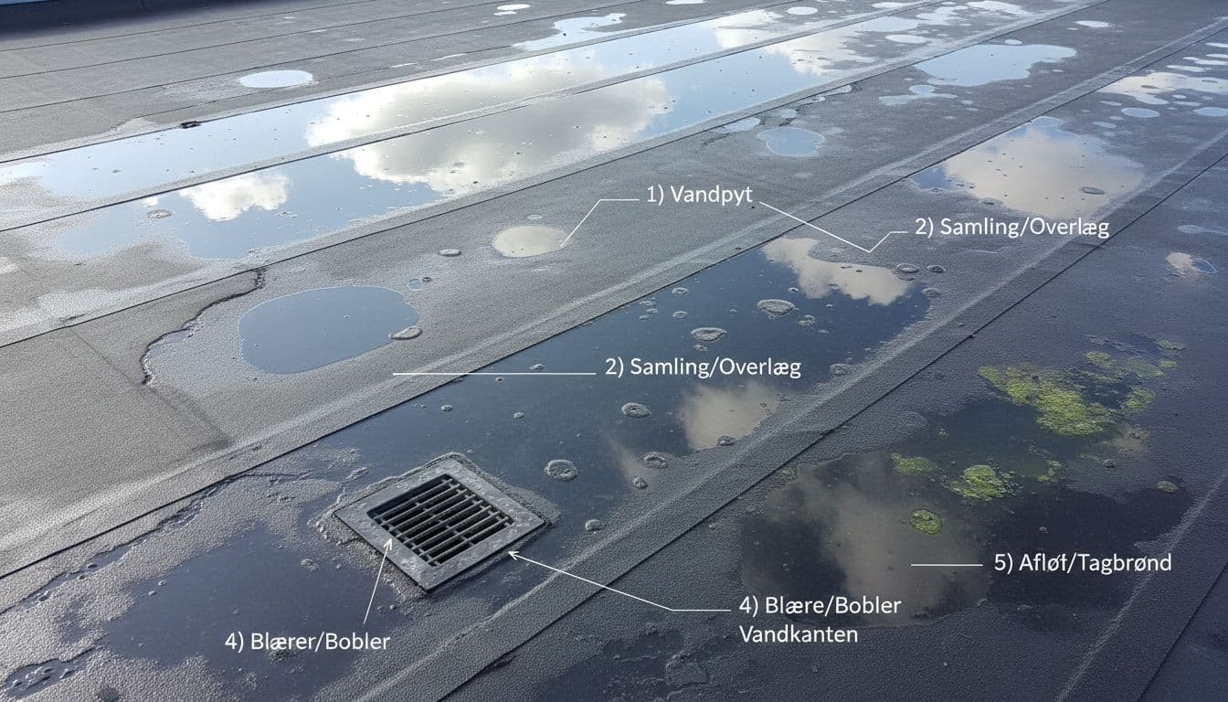 Fladt tag med tagpap efter regn, hvor vand samler sig i lavninger nær samlinger og afløb