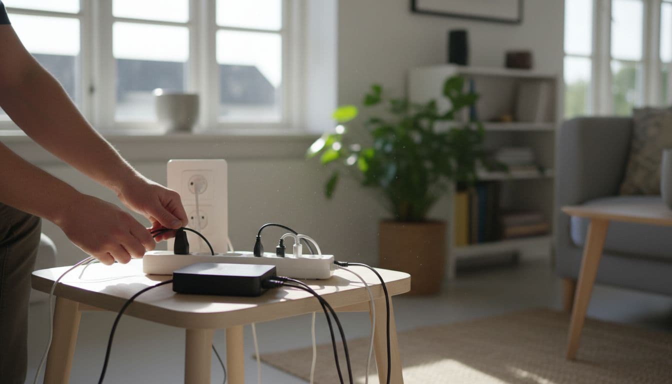 A person in a typical Danish home restarts a WiFi router and modem by pulling the power plug from the wall socket, with the router on a table surrounded by cables and natural daylight from a window, captured in realistic photography style.
