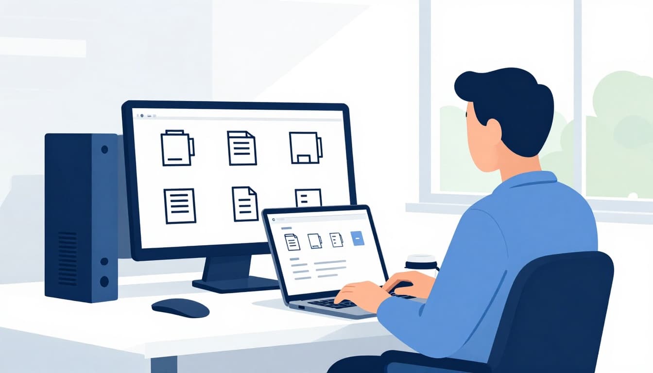 A Danish IT employee in a typical Kalundborg-area office sits at a desk with laptop and server rack in background, examining personal data logs on a slightly blurred screen displaying simple icons for errors, files, folders, and locks. Professional flat design illustration in EU-blue and white palette with high contrast, Danish landscape visible through window, ideal for blogs.