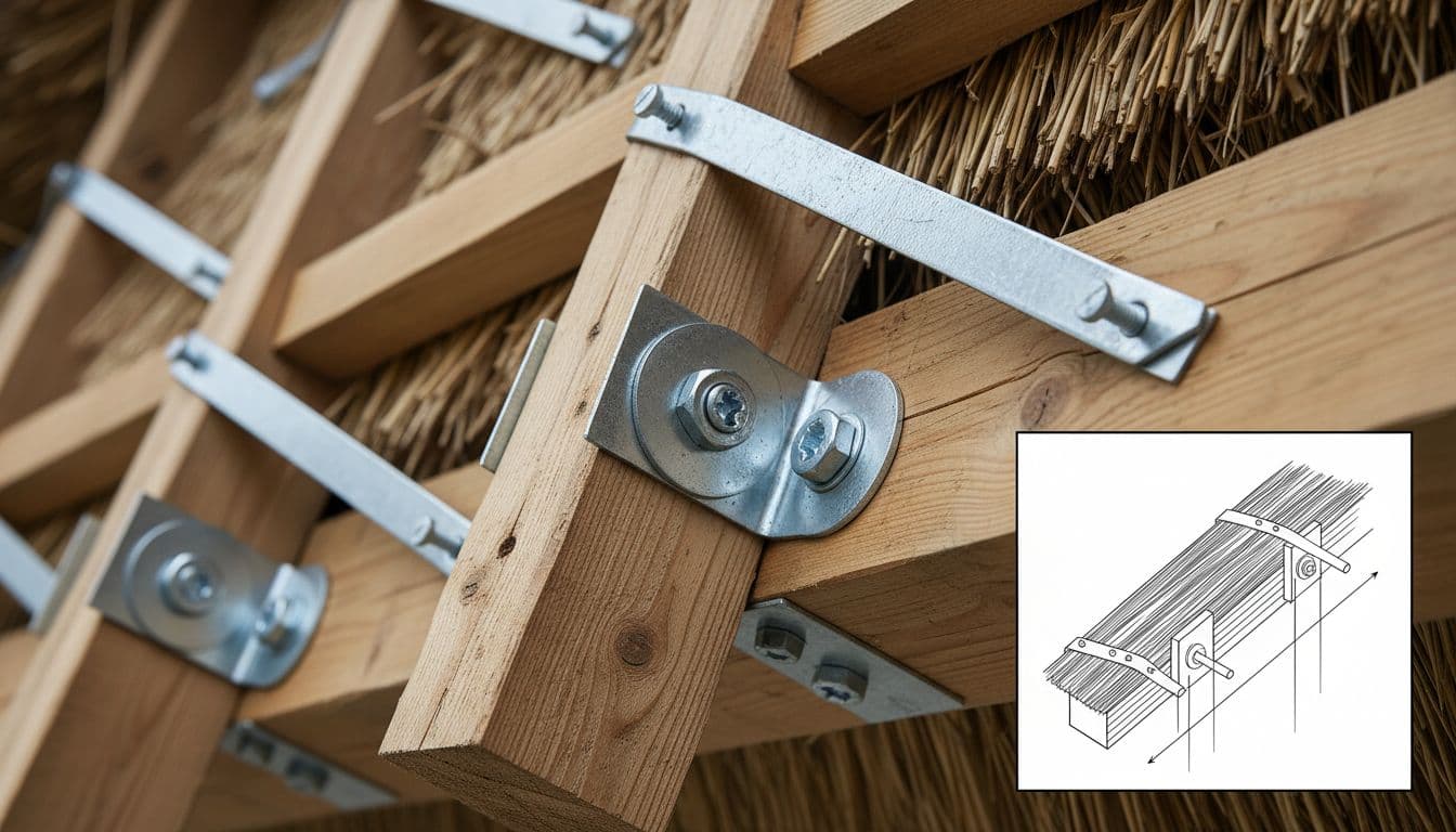 Photorealistic close-up of construction screws with large washers, galvanized steel brackets, hurricane straps, nail plates, and wind bracing on rafters and battens under a Danish thatched roof. Includes a small inset cross-section view, neutral background, natural light, and high detail on metal and wood.