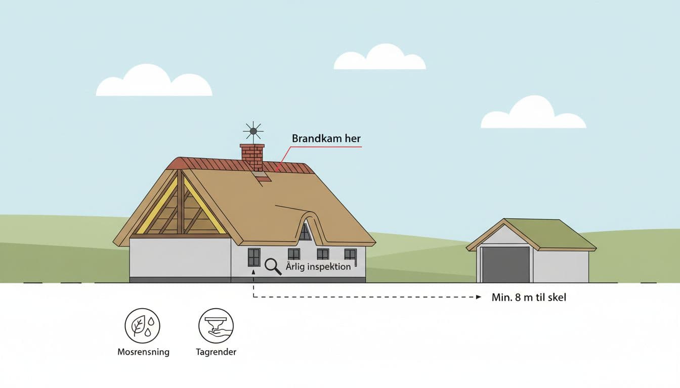Minimalist technical side-view illustration of a traditional Danish thatched house in sunny weather, showing fire wall at gable, correct distance to carport, chimney with spark arrester, and maintenance pictograms for moss removal and gutters. Clean infographic style with flat colors, high contrast, Danish labels like 'Brandkam her' and neutral green field background.